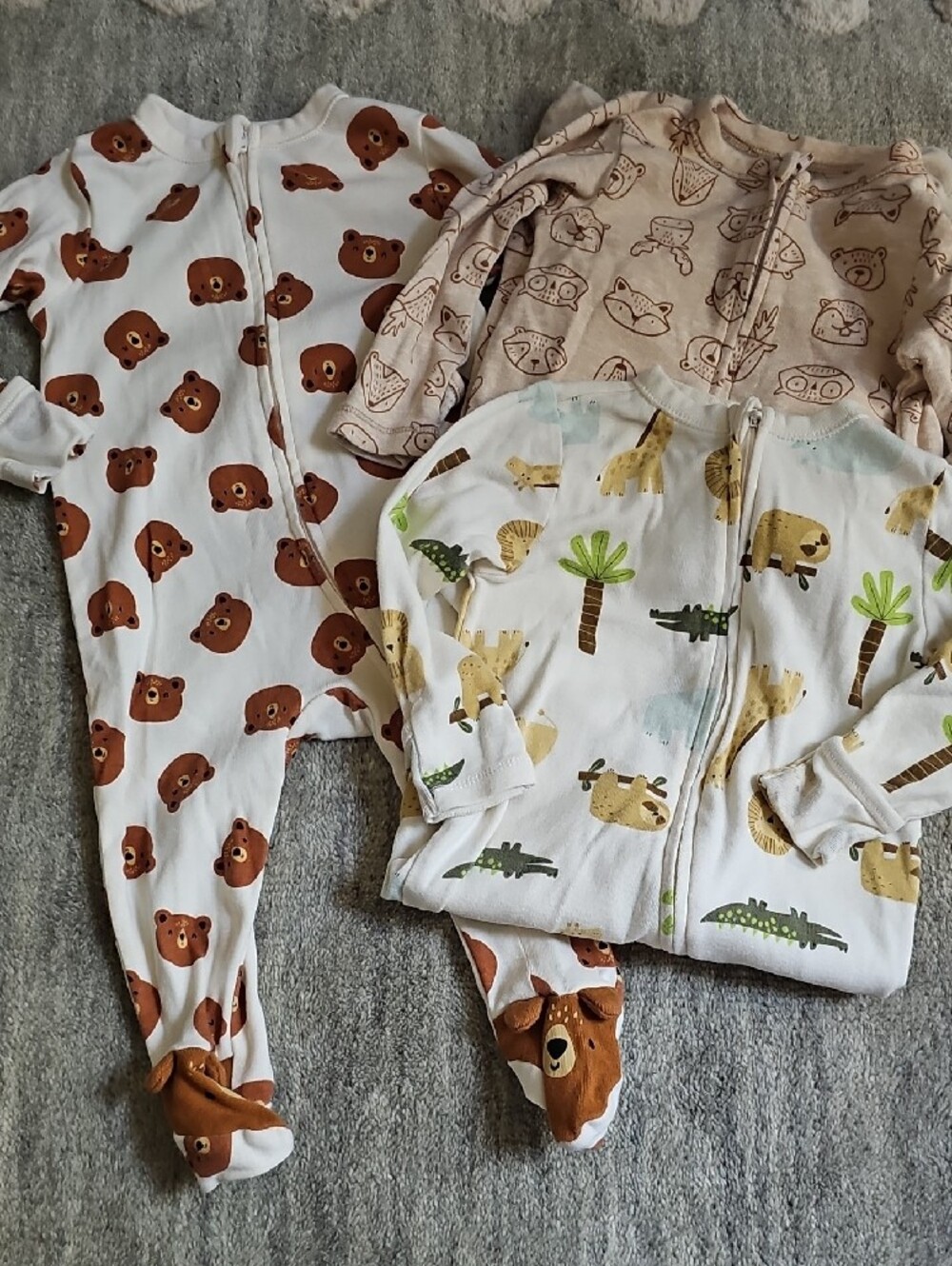 Baby's Bear and Safari Print Zip Pajama Set - White, Brown, Cream